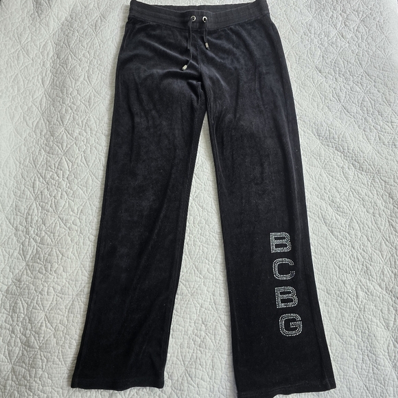 BCBG Black Velour Rhinestone Logo Track Pants - Picture 1 of 9